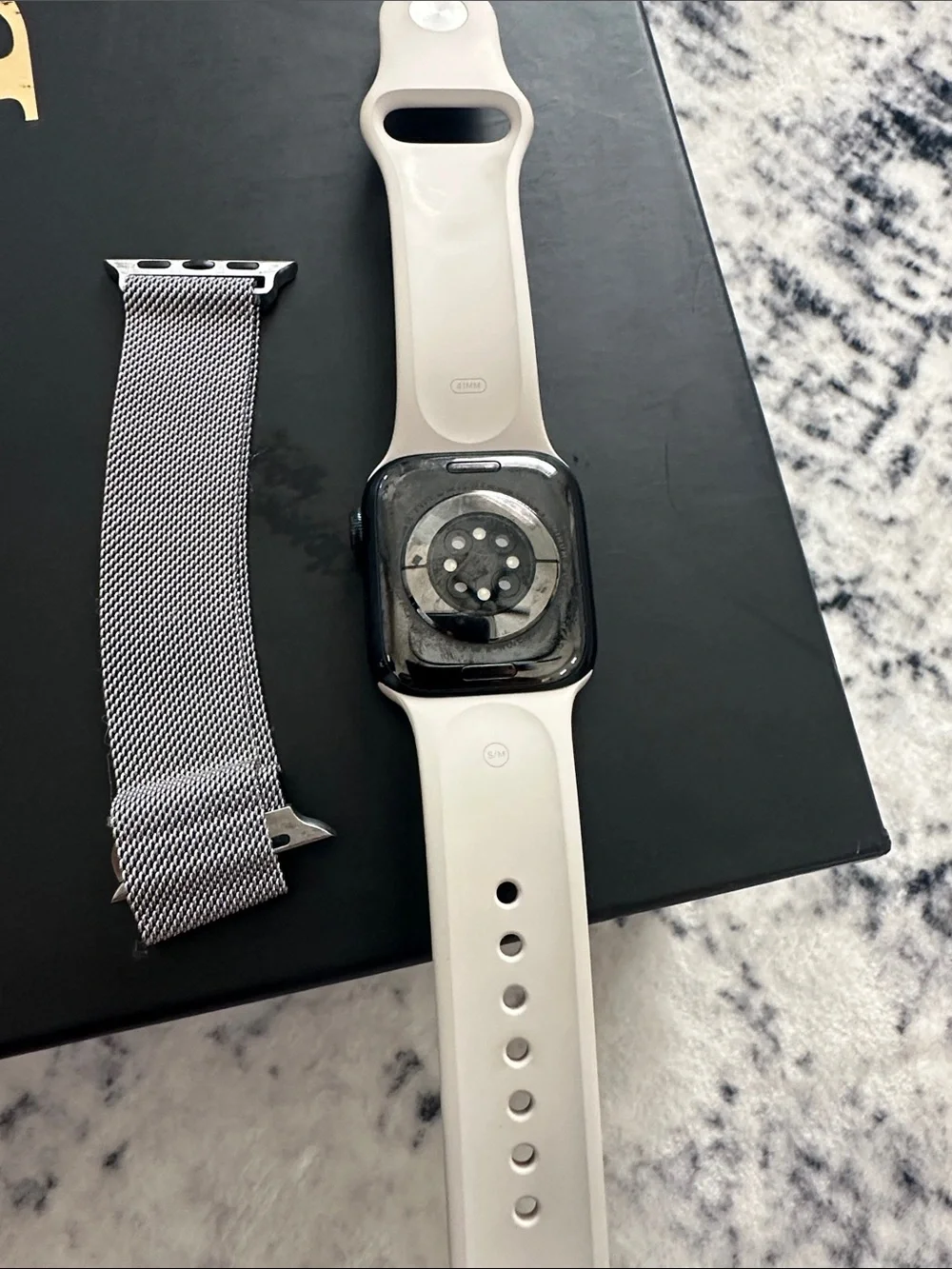 Apple Watch 8 Gen smartwatch with Cream Color Sport Band & Silver Milanese Loop